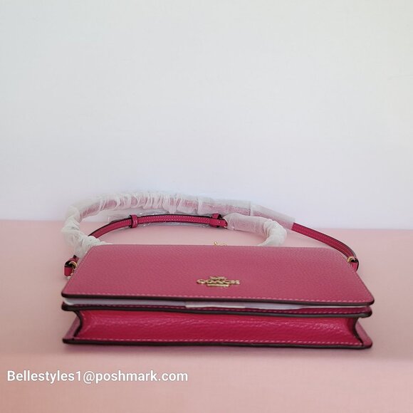 COACH Anna Pebbled Leather Fold-over Clutch Crossbody With Chain- Bold Pink ⭐ - Picture 8 of 16